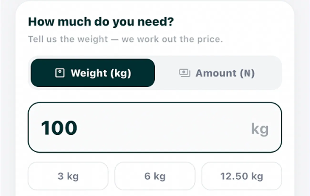 The DelivGas order screen asking how much gas you need, with a choice of weight or naira amount and shortcuts for 3kg, 6kg and 12.5kg