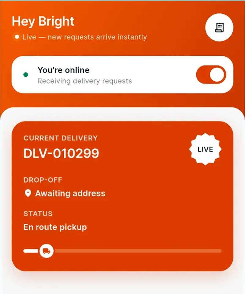 The DelivGas Driver app with a rider online and a current delivery in progress